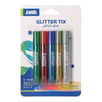 Течно лепило Junior Glitter Tix, с брокат, 5 броя х 10.5 ml - 8605028809486 - Онлайн книжарница Ciela | ciela.com