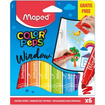 Флумастери за стъкло - Maped Color Peps, 6 цвята + кърпа