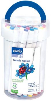 Маркери двувърхи Spree Art Soft Brush / Fine tip, 48 цвята в цилиндър