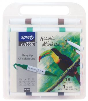 Акрилни маркери Spree Artist Flexy Chisel - 18 цвята + 1 контурен - 3800884582039 - Онлайн книжарница Ciela | ciela.com