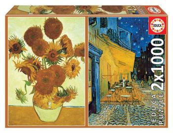 Пъзел Educa от 2 x 1000 - Слънчогледите и Кафе тераса през нощта, Винсент ван Гог - Онлайн книжарница Сиела | Ciela.com